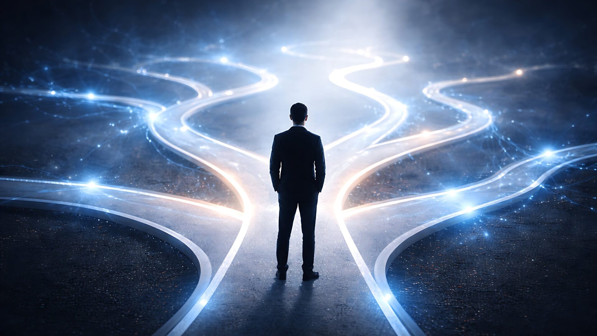 Cognitive Bias Explained: 12 Powerful Types, Real Examples & How It Affects Your Decisions man standing at a glowing crossroads symbolizing decision-making and cognitive bias in psychology