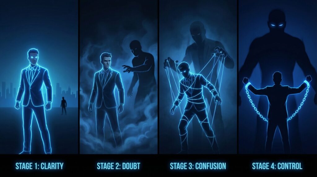 Visual progression showing a confident person gradually becoming confused and psychologically controlled.