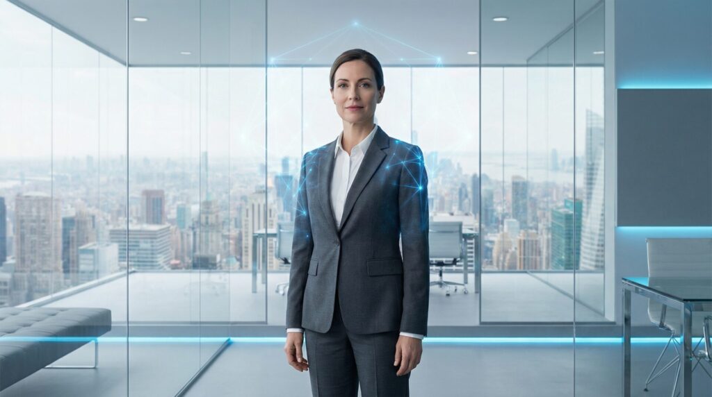 Confident corporate professional standing in modern office representing power literacy and cognitive sovereignty