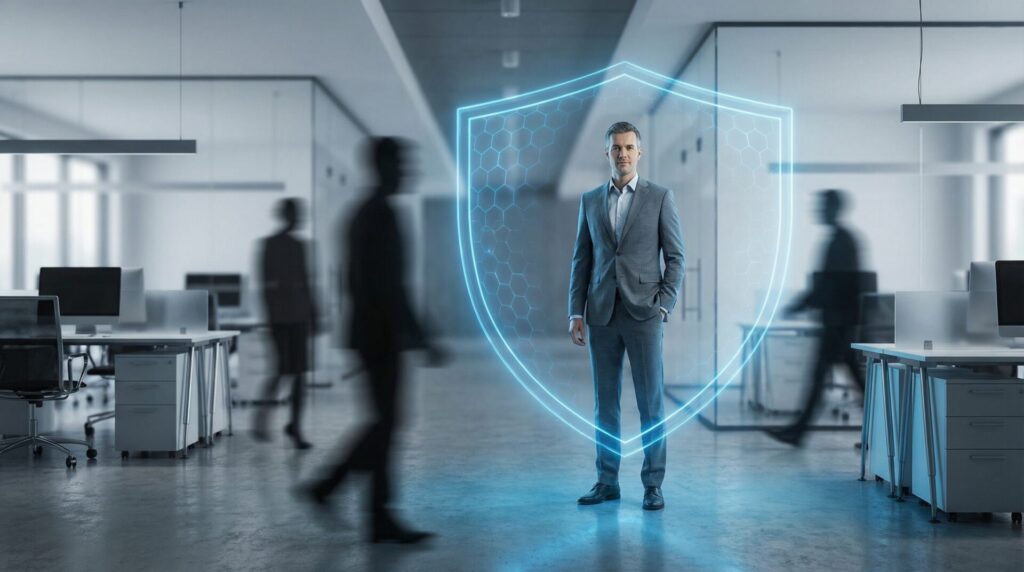 Corporate professional surrounded by digital shield symbolizing psychological defense against workplace gaslighting