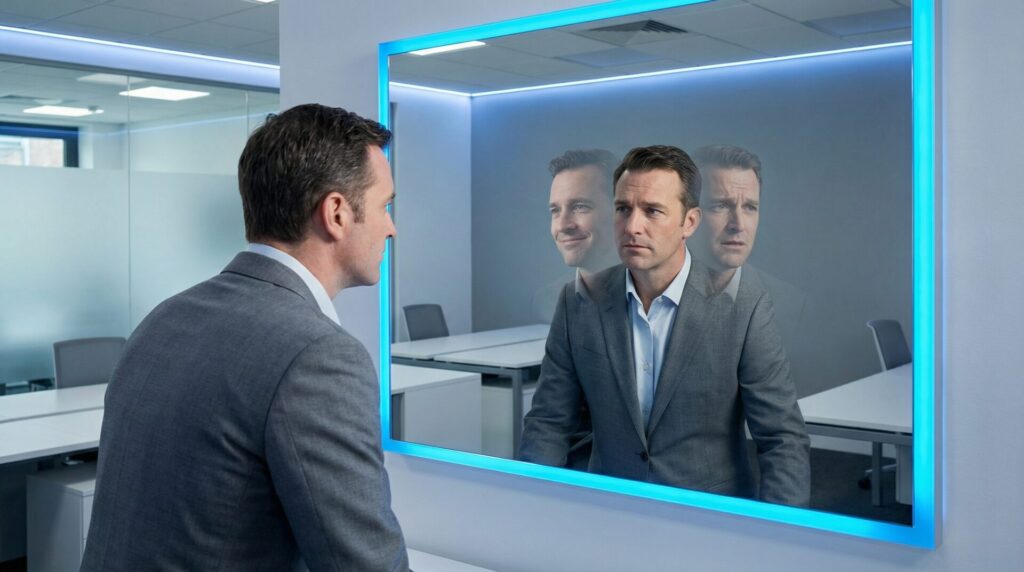 Business professional looking into mirror with multiple reflections representing self-assessment and manipulation awareness