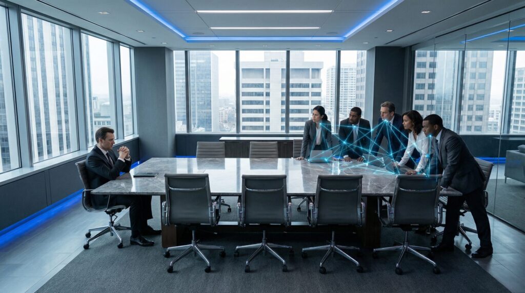 Executive boardroom meeting showing alliance clusters and subtle power politics in corporate environment