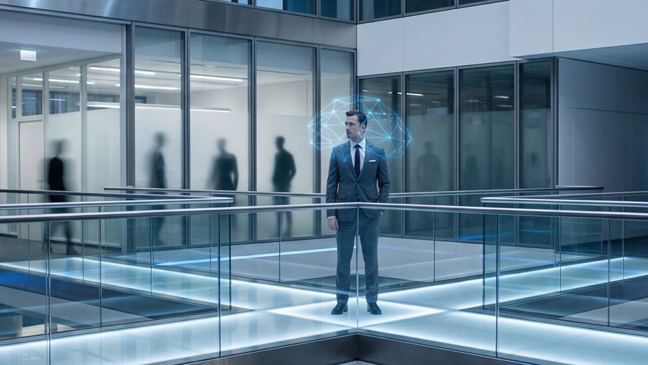 Modern corporate professional standing at a crossroads inside a glass office tower, symbolizing strategic decision-making and subtle workplace manipulation