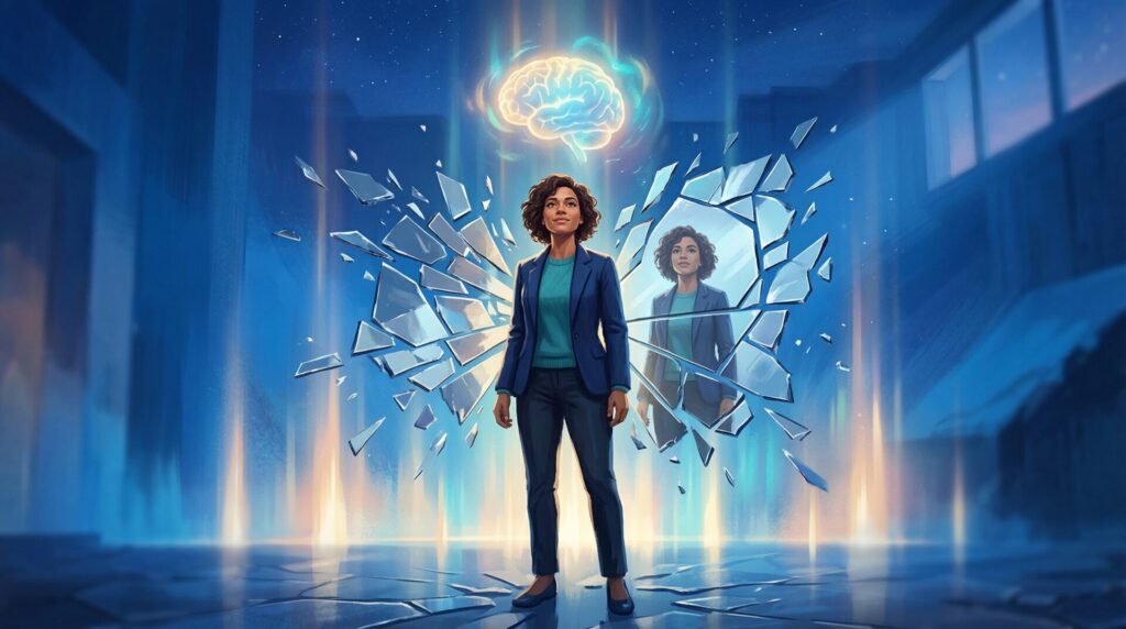 Illustration of a person regaining clarity and confidence as shattered reflections transform into a clear self-image.