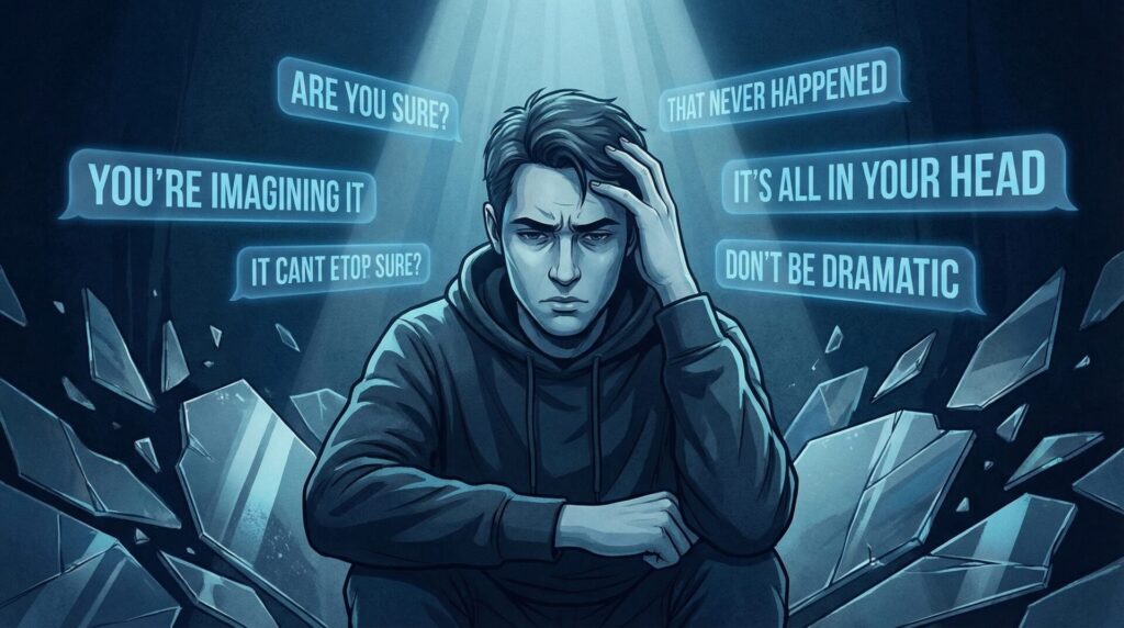 Person surrounded by phrases like “you’re imagining things” and “that never happened,” symbolizing emotional manipulation and gaslighting.