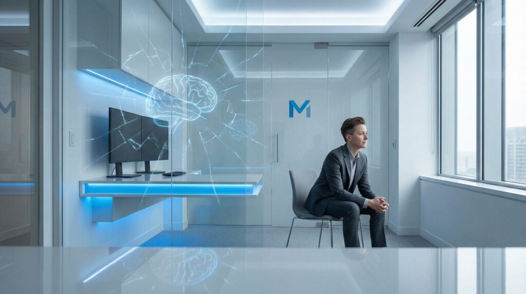 Corporate professional sitting alone in modern office symbolizing cognitive stress and long-term psychological impact of manipulation