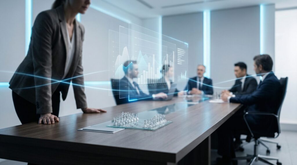 Corporate boardroom with layered strategic visuals and subtle power dynamics representing structural workplace manipulation