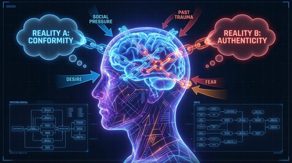 Abstract psychology illustration showing cognitive dissonance and trauma bonding influencing a person’s perception of reality.