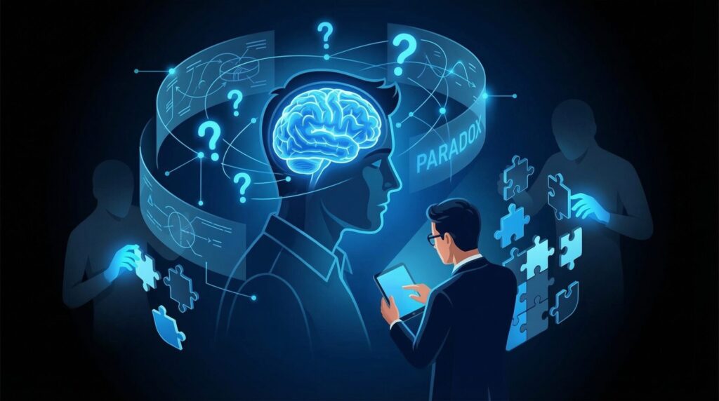 Illustration of an analytical person surrounded by puzzles and questions representing how intelligent individuals overanalyze manipulation.