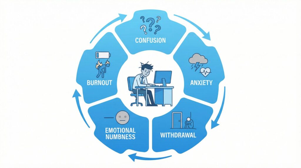 workplace emotional cycle showing confusion anxiety withdrawal emotional numbness and burnout under toxic leadership