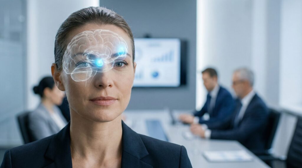 Professional in a meeting with brain overlay highlighting amygdala and prefrontal cortex activation during subtle manipulation