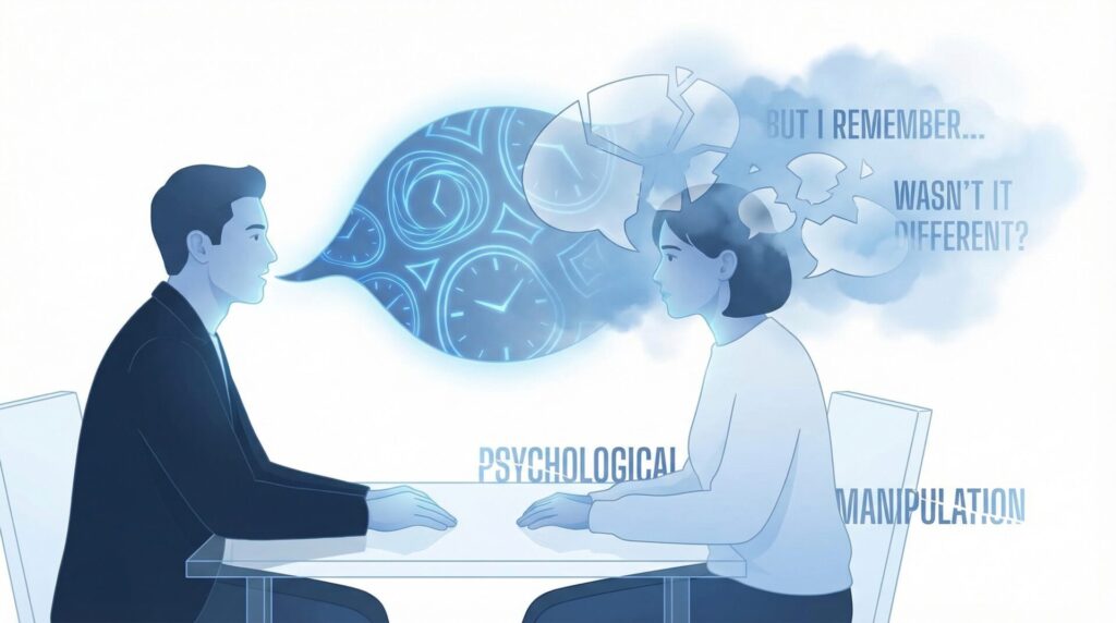 Conceptual illustration of gaslighting where one person manipulates reality during a conversation while the other appears confused and uncertain.