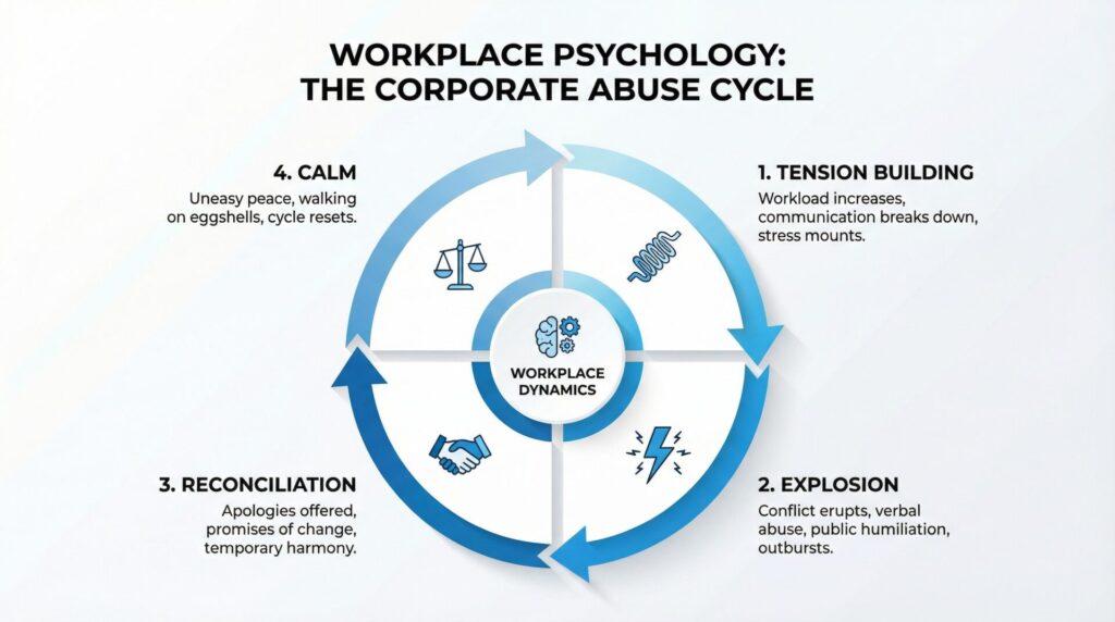 corporate abuse cycle showing tension explosion reconciliation and temporary calm in toxic workplaces