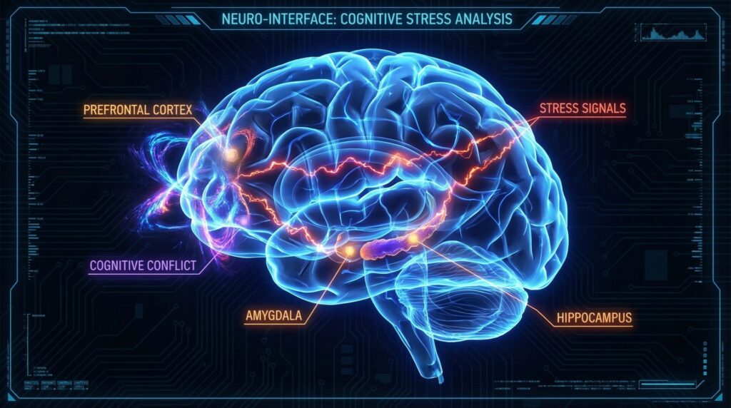 Human brain illustration highlighting neural regions affected by psychological stress and manipulation during gaslighting.