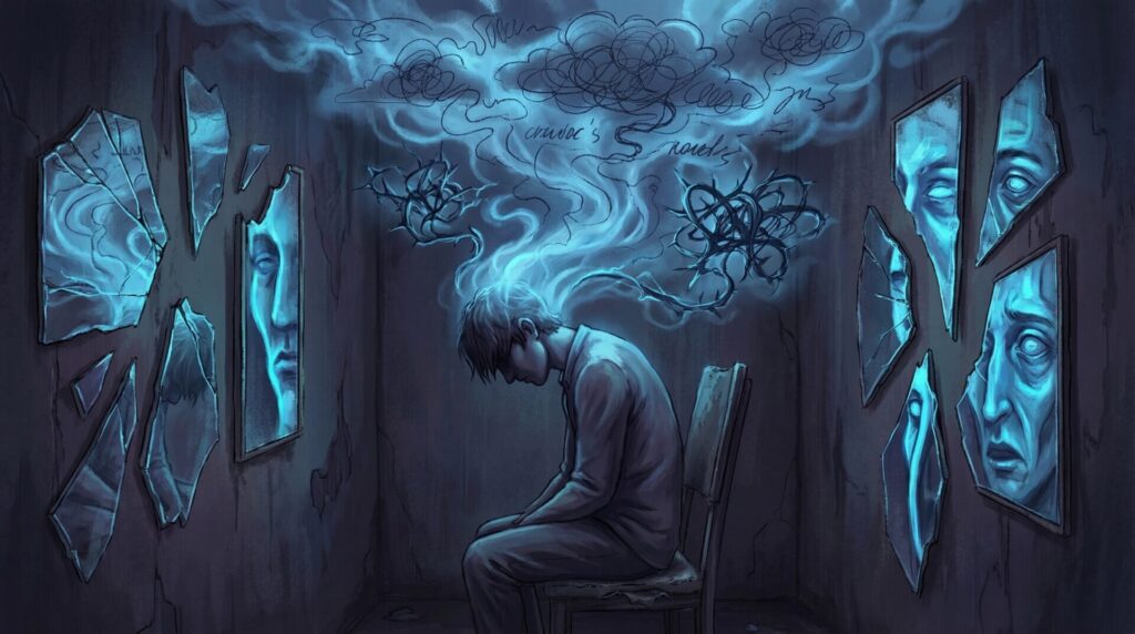 Person sitting alone with chaotic thoughts and fractured reflections representing anxiety and self-doubt caused by gaslighting.