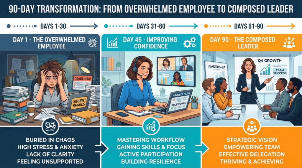 Career growth progression from overwhelmed employee to confident leader over time