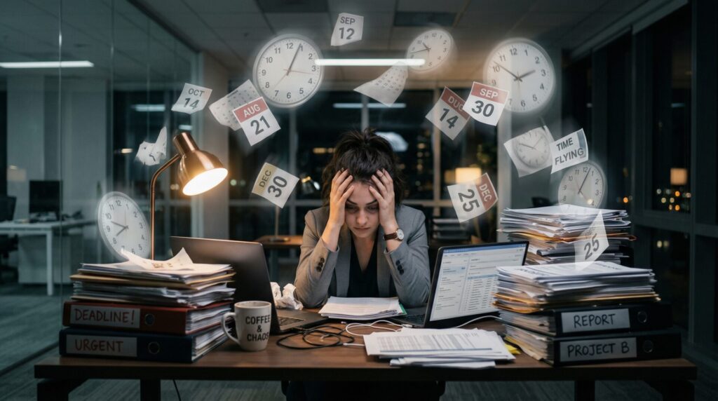 Stressed professional surrounded by deadlines