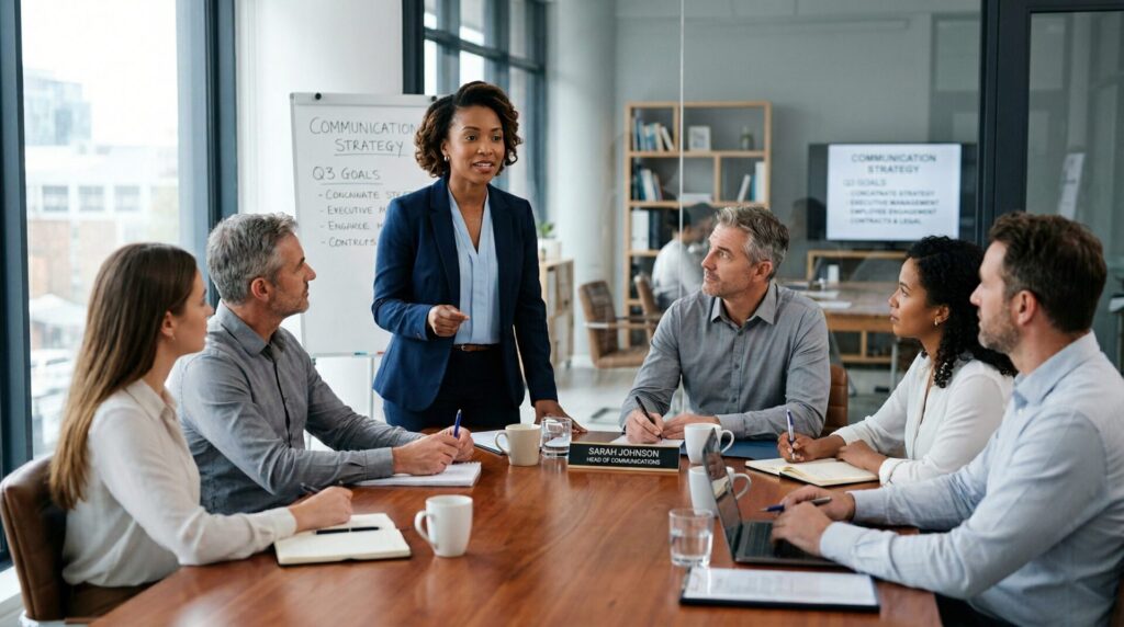 Business meeting with diverse professionals discussing