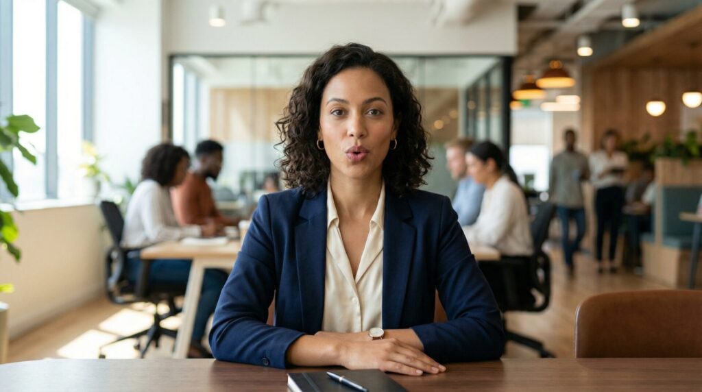 Professional confidently saying no with calm expression in workplace setting