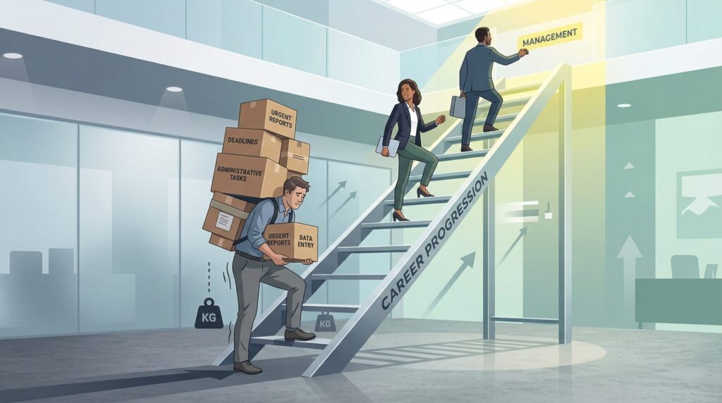 People climbing stairs labeled career progression