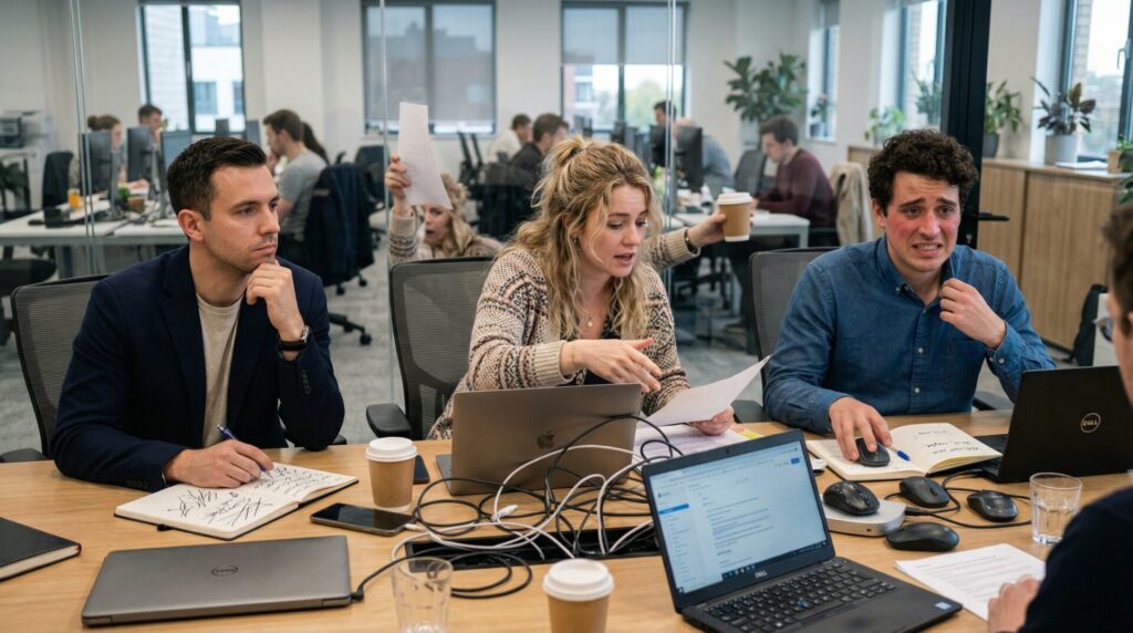Three professionals discussing in office setting.