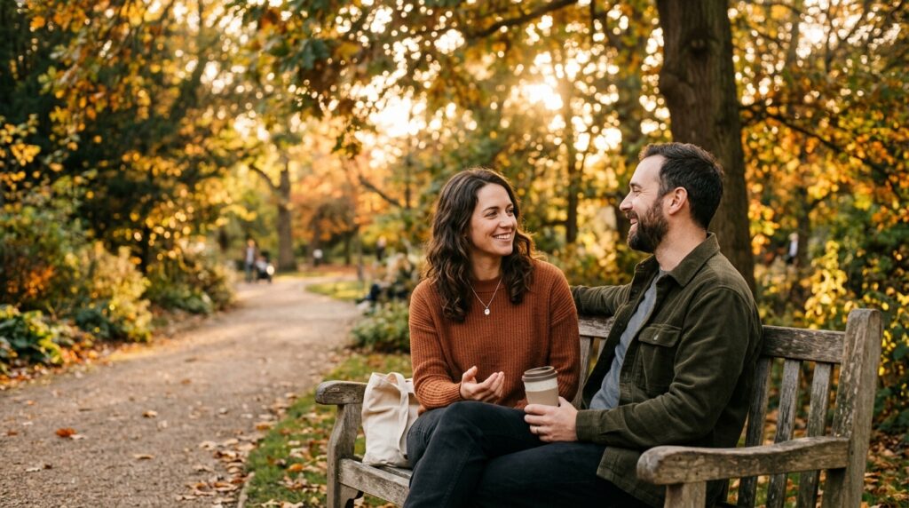 Two people having a thoughtful conversation in a park, representing empathy and understanding beyond first impressions.