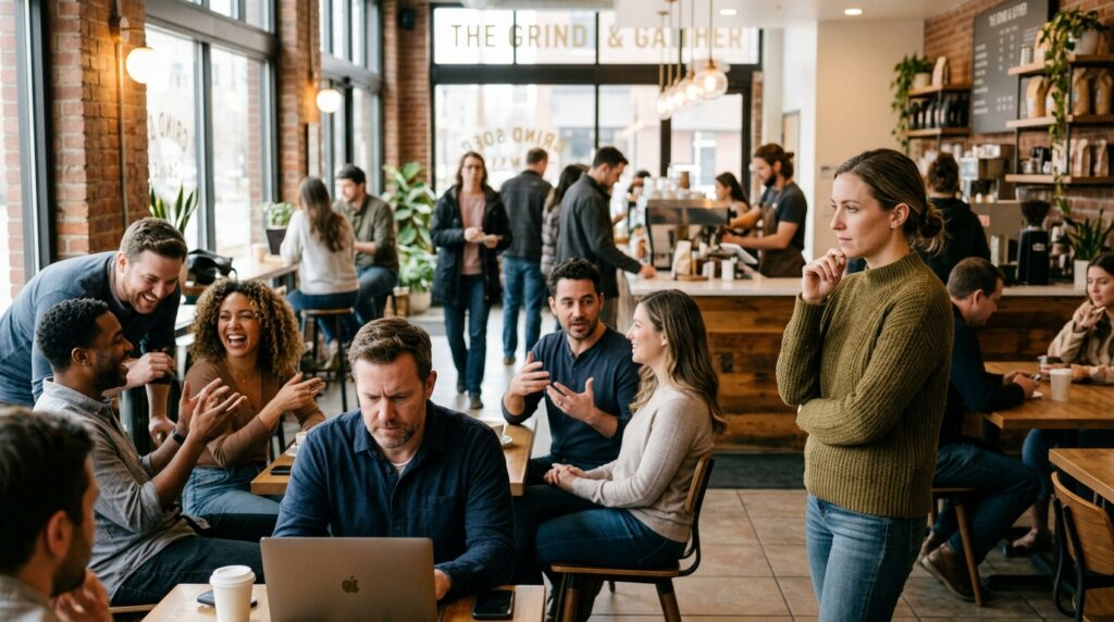 Individual observing people in a coffee shop, demonstrating how the brain makes fast social judgments.