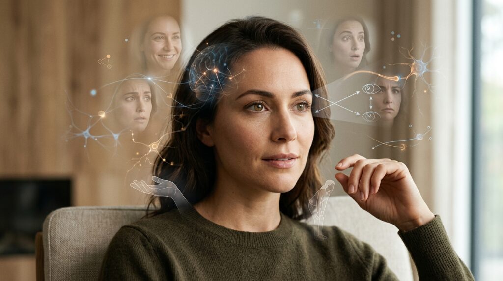 Conceptual image representing the brain analyzing facial expressions and social cues during snap judgments.