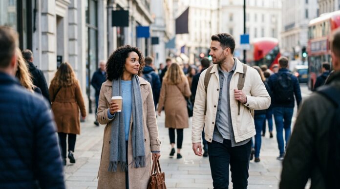 Two strangers making eye contact on a city street, illustrating why people judge others so quickly and form first impressions and why people judge others
