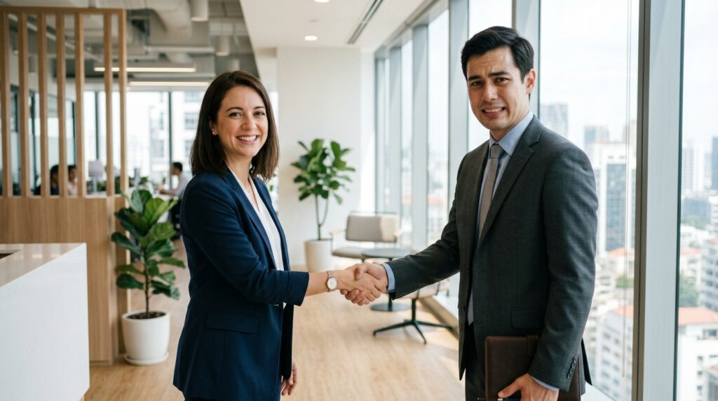Two professionals meeting for the first time, showing how first impressions develop during social interactions.