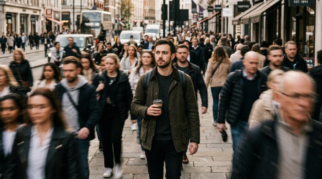Person observing a crowded street as the brain processes social cues and forms rapid first impressions.