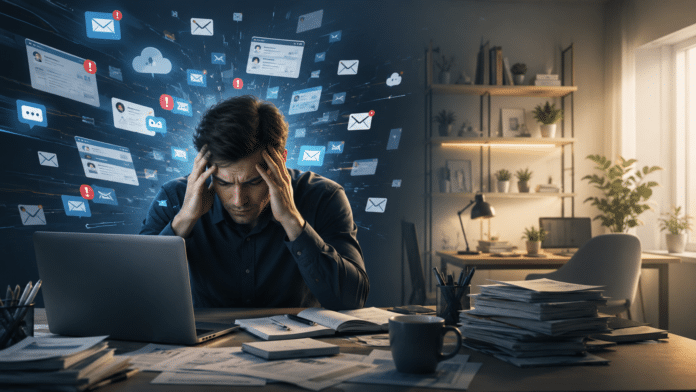 A professional experiencing cognitive overload while working at a cluttered desk surrounded by emails, notifications, and digital distractions.