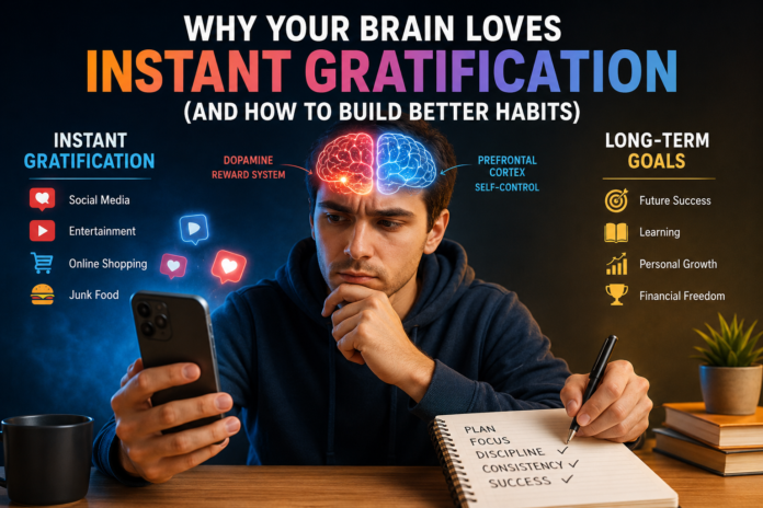 Person choosing between a smartphone and a notebook, symbolizing instant gratification versus long-term goals.